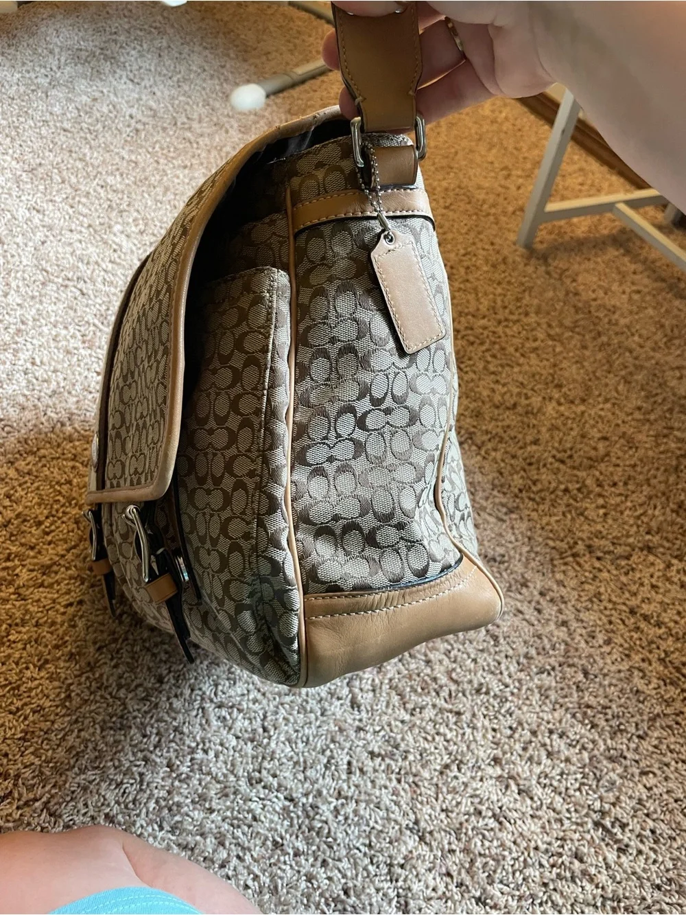 Coach Canvas Messenger Bag in Khaki and Tan with Stripe Detail
